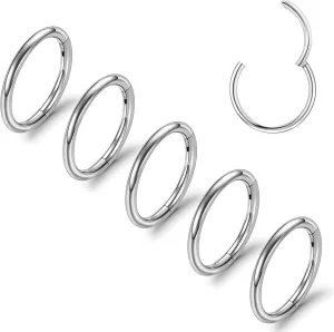 ONESING 5pcs Nose Rings Hoops 14G-20G Hinged CZ Conch Piercing Jewelry 316L Surgical Steel Septum & Lip Rings 6mm-14mm