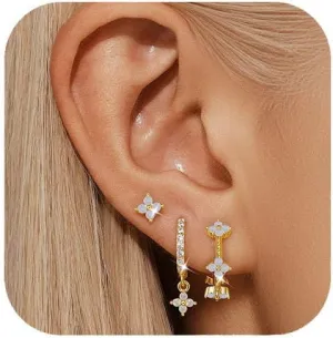 Opal Earrings for Women, Flower Opal Hoop Dangle Earrings Set,14k Gold Plated Hypoallergenic Earring Sets For Multiple Piercing, Dainty Earring Stacks for Sensitive Ears