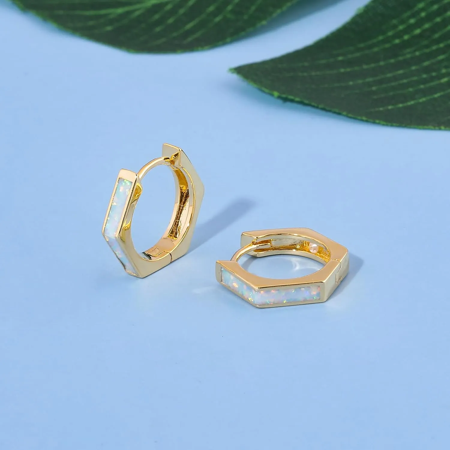 Opal Hoop Earrings for Women Hexagon Huggie Earrings 14K White/Yellow Gold Plated Hypoallergenic Small Huggie Hoop Earrings for Women Girls Jewelry Gifts