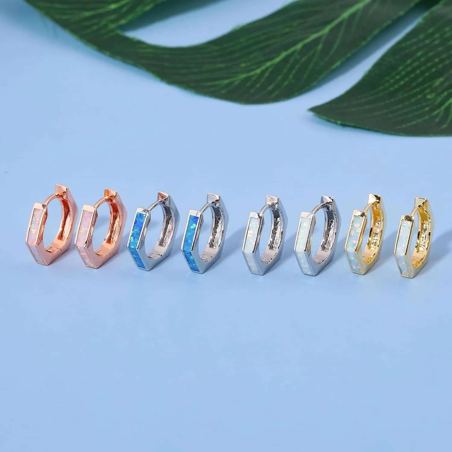 Opal Hoop Earrings for Women Hexagon Huggie Earrings 14K White/Yellow Gold Plated Hypoallergenic Small Huggie Hoop Earrings for Women Girls Jewelry Gifts