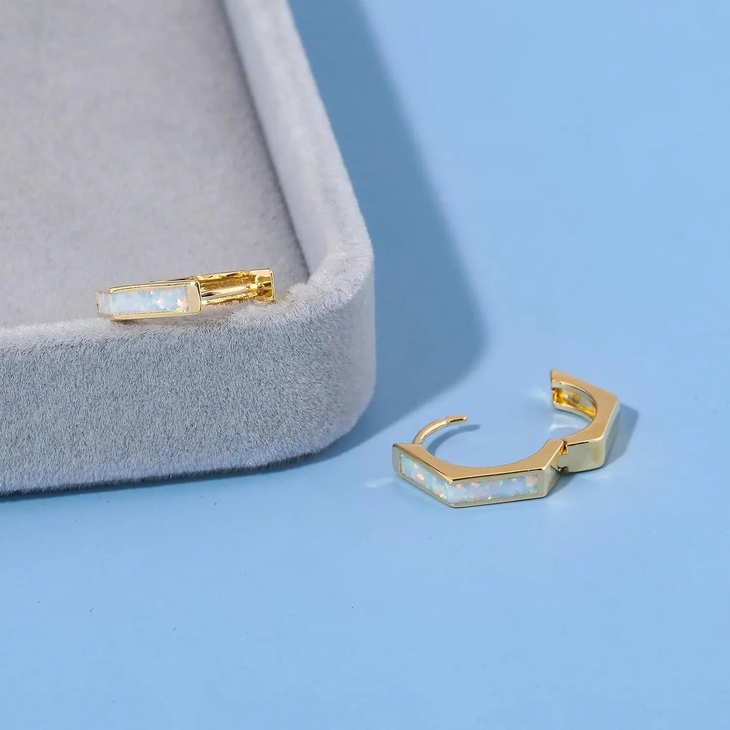 Opal Hoop Earrings for Women Hexagon Huggie Earrings 14K White/Yellow Gold Plated Hypoallergenic Small Huggie Hoop Earrings for Women Girls Jewelry Gifts