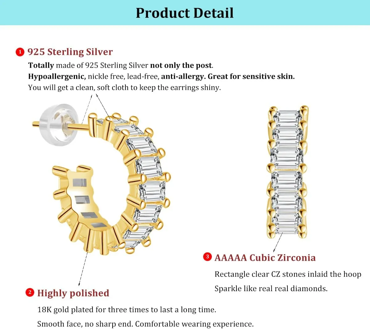 Open Hoop Earrings with Crystal Baguette for Women Girls, Sterling Silver C-Shaped Earrings with Cubic Zirconia, Diameter 10mm