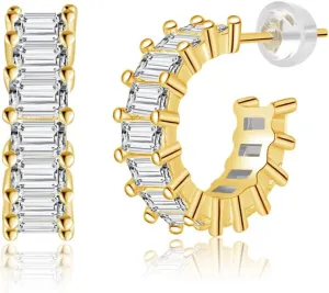Open Hoop Earrings with Crystal Baguette for Women Girls, Sterling Silver C-Shaped Earrings with Cubic Zirconia, Diameter 10mm