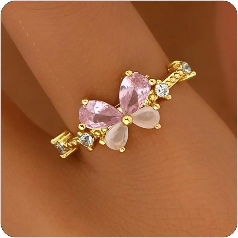 Open Stackable Rings for Women 18K Gold Plated Dainty Cubic Zirconia Wave Cuban Link Chain Flower Feather Hollow Out Adjustable Stacking Rings Wedding Jewelry Gifts