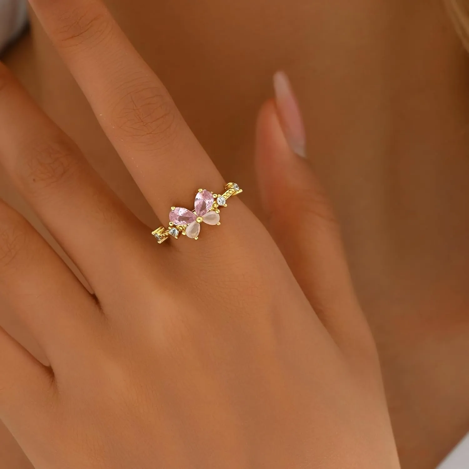 Open Stackable Rings for Women 18K Gold Plated Dainty Cubic Zirconia Wave Cuban Link Chain Flower Feather Hollow Out Adjustable Stacking Rings Wedding Jewelry Gifts