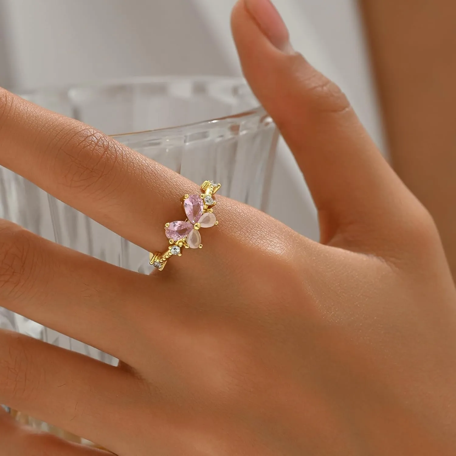 Open Stackable Rings for Women 18K Gold Plated Dainty Cubic Zirconia Wave Cuban Link Chain Flower Feather Hollow Out Adjustable Stacking Rings Wedding Jewelry Gifts