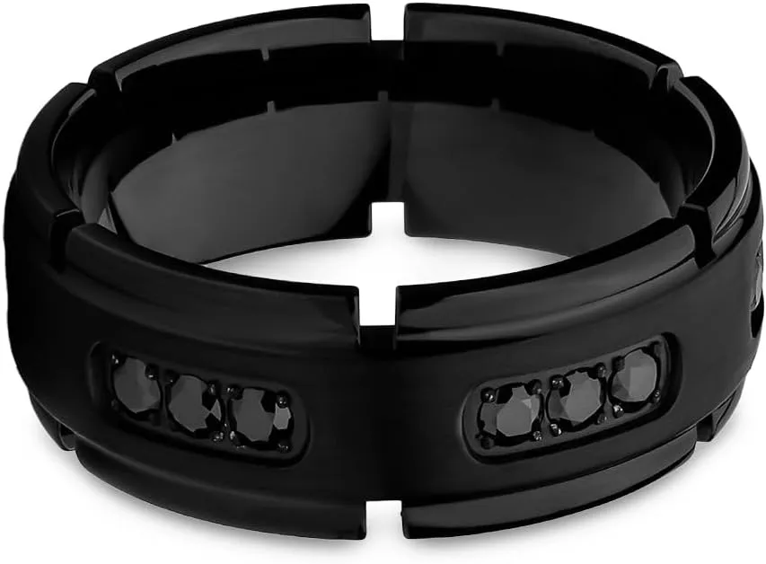 OVIEDO JEWELRY Black Titanium Wedding Band, Titanium Anniversary & Engagement Man's Wedding Band, CZ Diamond Ring, Unique, Comfort Fit,8mm, Black Gem Brush Ring