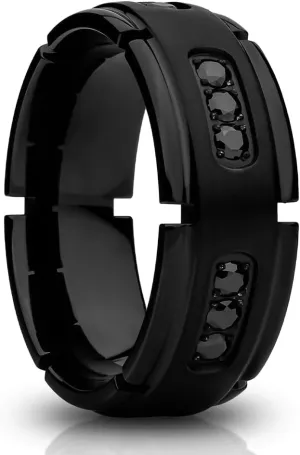 OVIEDO JEWELRY Black Titanium Wedding Band, Titanium Anniversary & Engagement Man's Wedding Band, CZ Diamond Ring, Unique, Comfort Fit,8mm, Black Gem Brush Ring