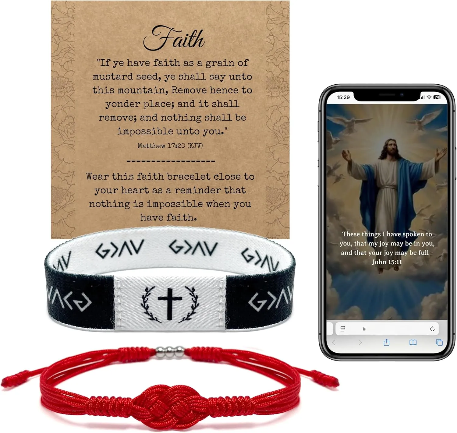 Pack of 2 Bible Verse Bracelets, Inspirational Christian Wristbands with NFC and Red String Faith Bracelet for Men and Women, First Communion Gift