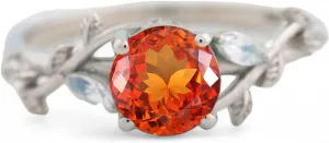 Padparadscha Sapphire Promise Ring 18k White Gold Wedding Ring Unique Curved leaf Moonstone Ring Dainty Minimalist Jewelry Art Deco Gifts, Orange