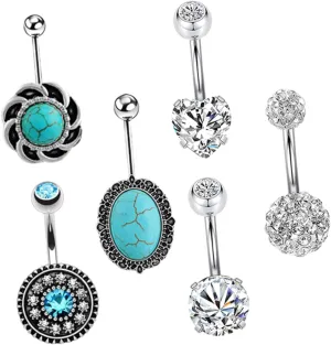PartyKindom 6pc Zircon Turquoise Navel Rings Fashion Belly Jewelry Piercing Ornaments for Women Skin-safe Belly Button Accessories