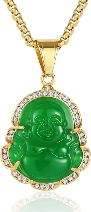 P.BLAKE Laughing Buddha Buddah Necklaces For Women Men, Ice Out Buddha Pendant For Men Women with Stainless Steel Gold Chain 24 inches
