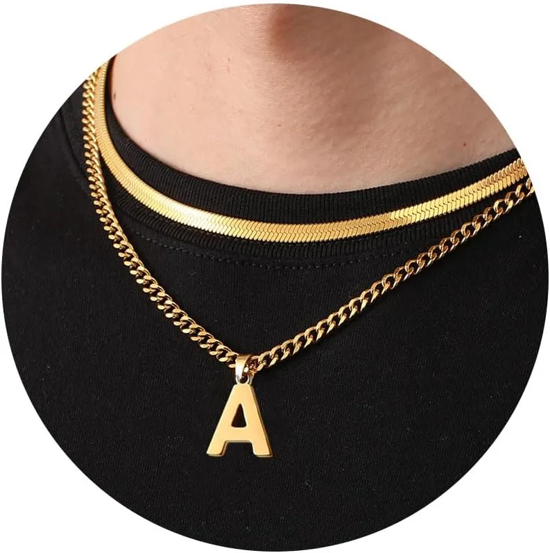 P.BLAKE Layered Initial A-Z Pendant Necklaces Graduation Gifts for Men Boys, Stainless Steel Letter Cuban Link Herringbone Chain Fashion Jewelry Gifts