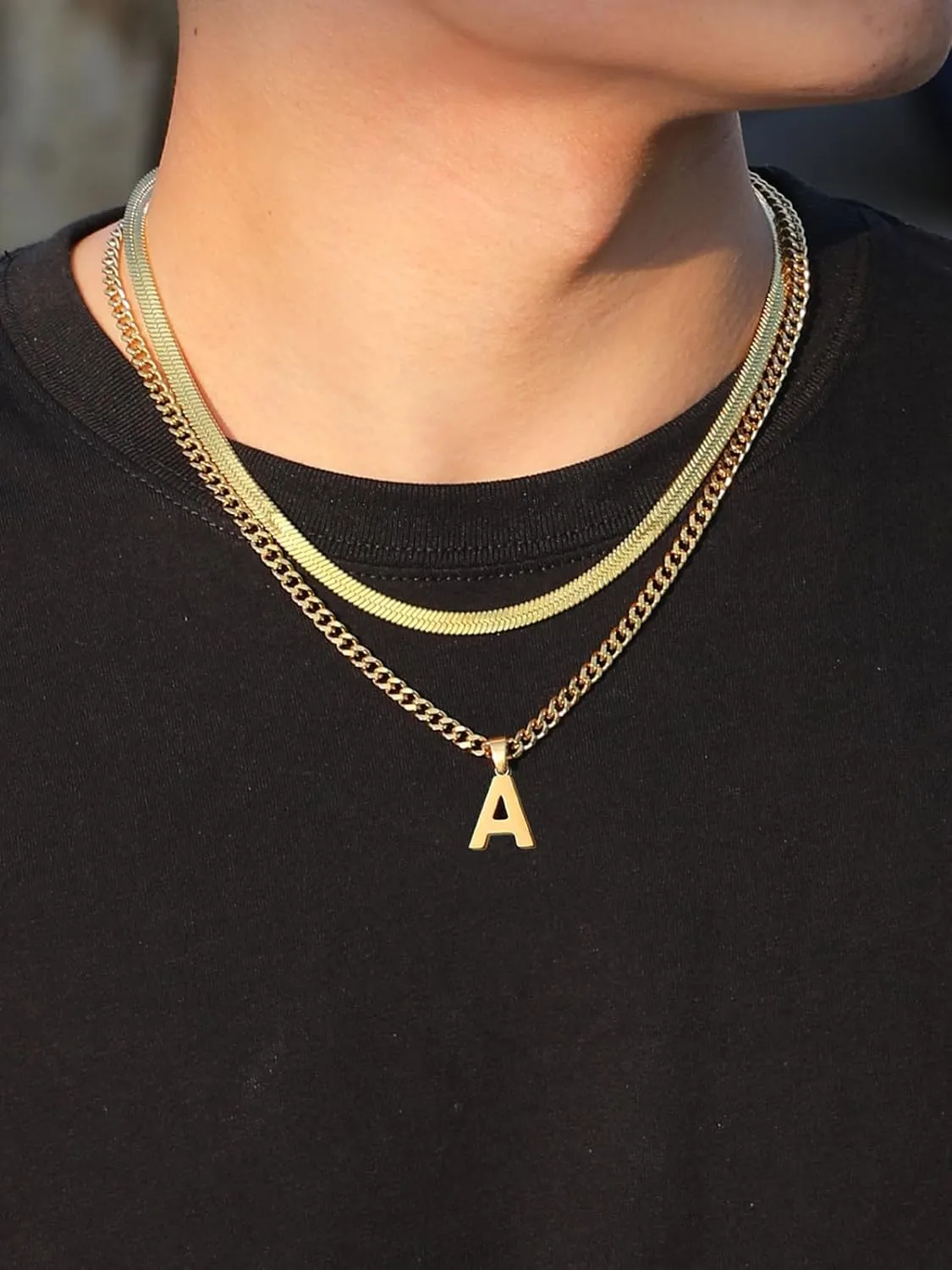 P.BLAKE Layered Initial A-Z Pendant Necklaces Graduation Gifts for Men Boys, Stainless Steel Letter Cuban Link Herringbone Chain Fashion Jewelry Gifts