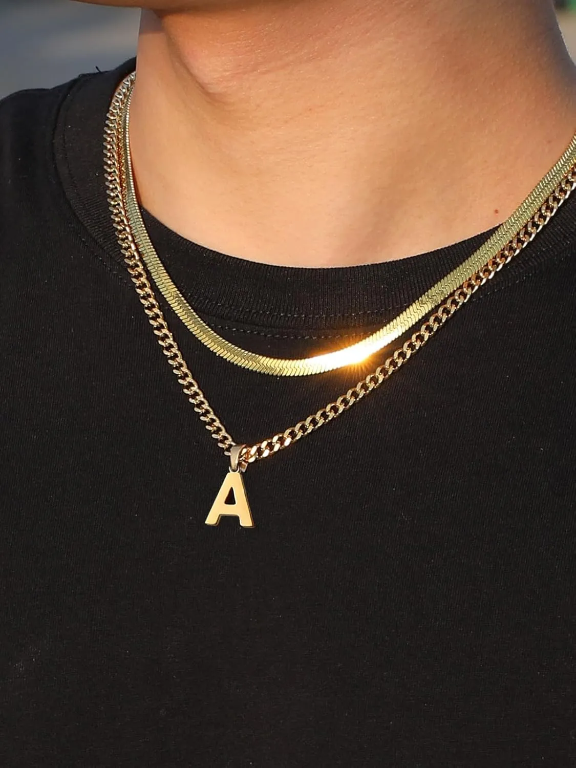 P.BLAKE Layered Initial A-Z Pendant Necklaces Graduation Gifts for Men Boys, Stainless Steel Letter Cuban Link Herringbone Chain Fashion Jewelry Gifts