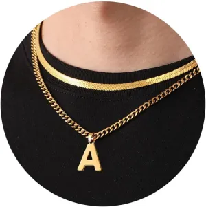 P.BLAKE Layered Initial A-Z Pendant Necklaces Graduation Gifts for Men Boys, Stainless Steel Letter Cuban Link Herringbone Chain Fashion Jewelry Gifts