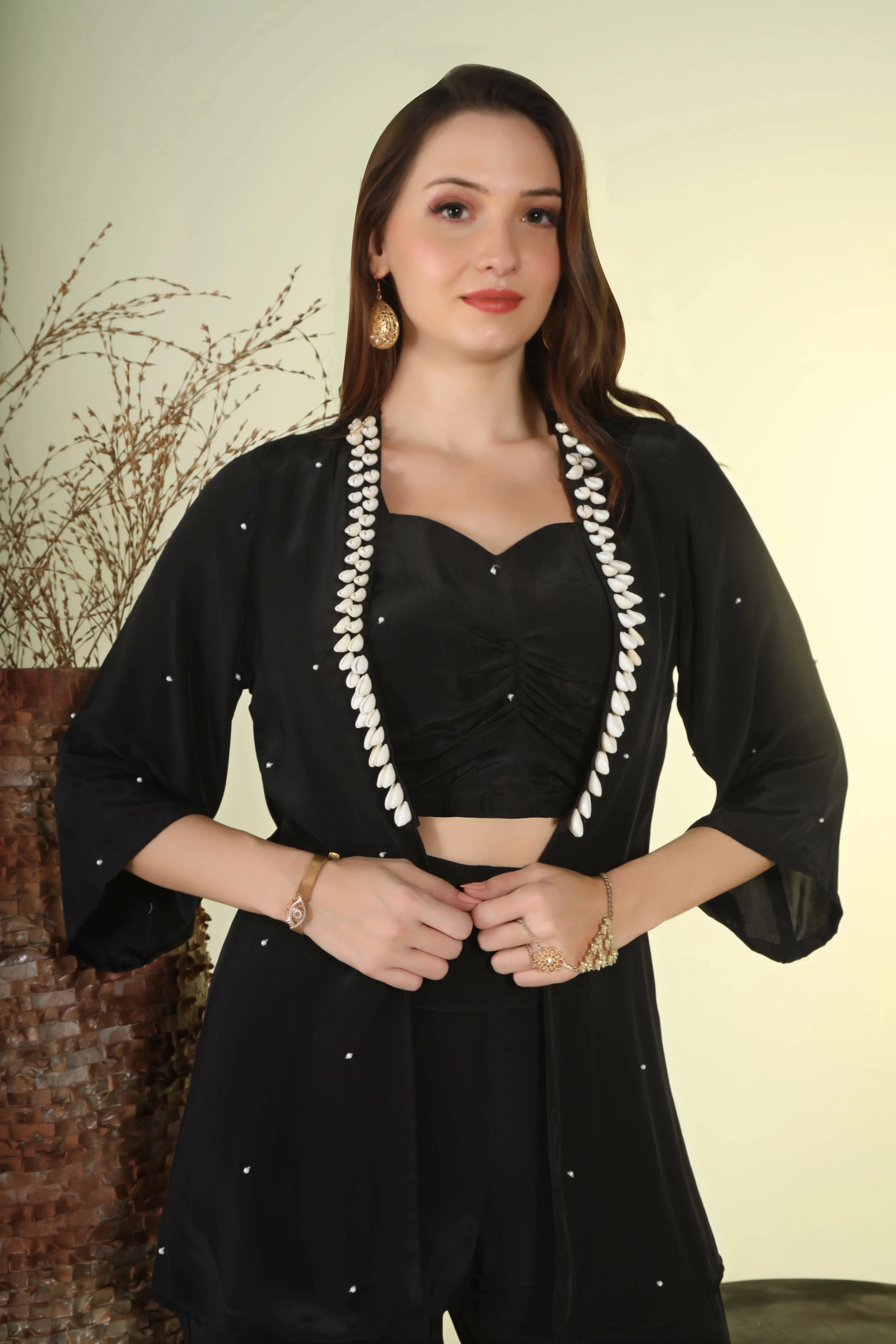 Pearl & Shell Embellished Crepe Three-Piece Set