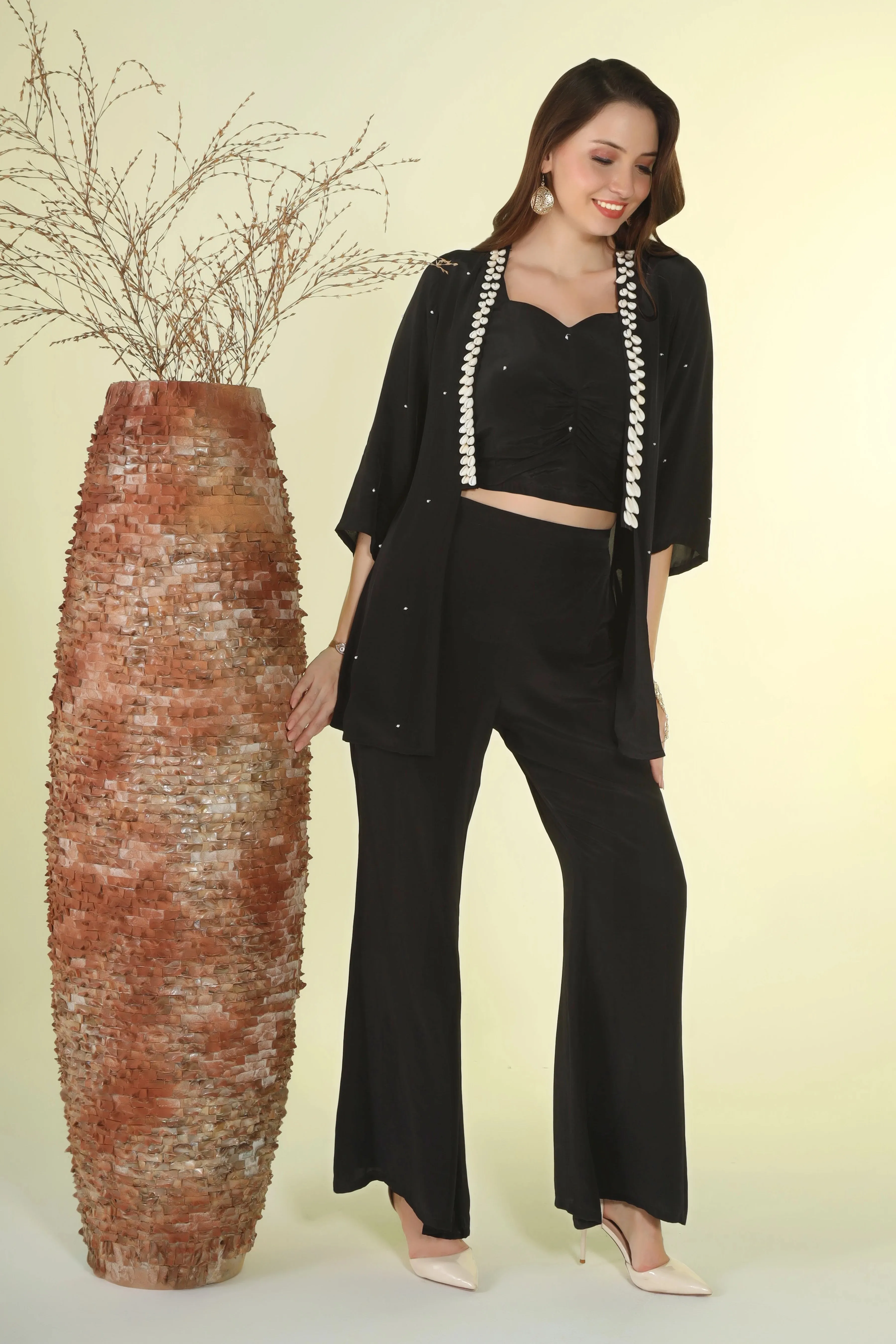 Pearl & Shell Embellished Crepe Three-Piece Set