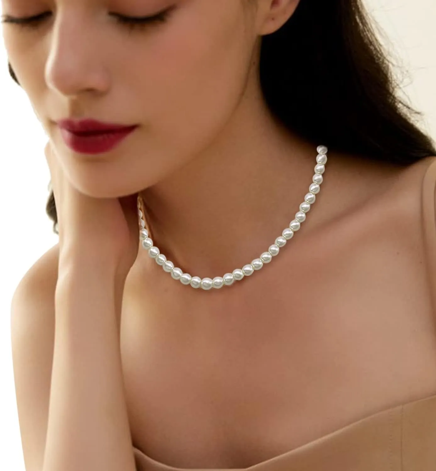 Pearl Choker Necklace for Women Faux Pearl Beads Strand Necklace Earring Set Costume Jewelry