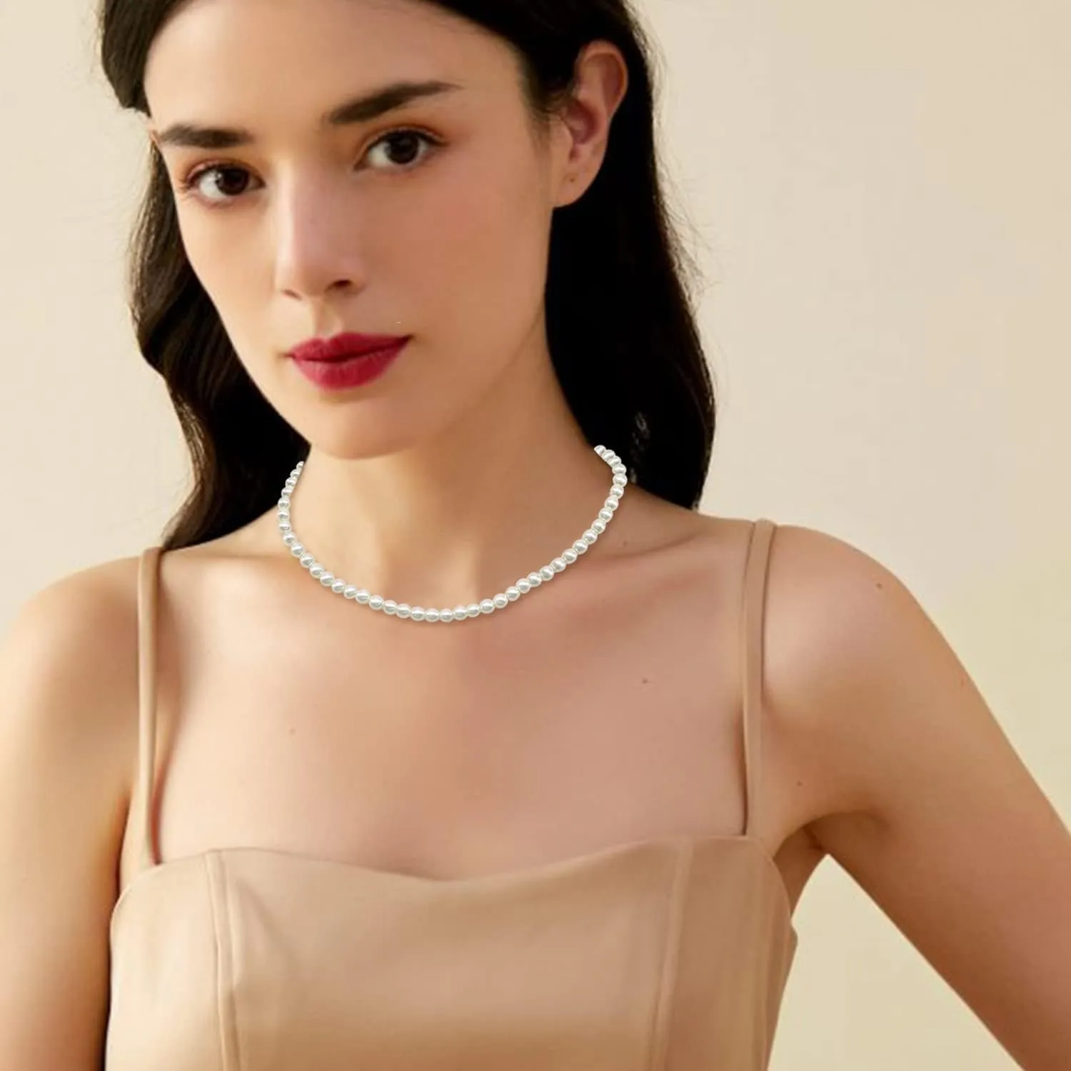 Pearl Choker Necklace for Women Faux Pearl Beads Strand Necklace Earring Set Costume Jewelry