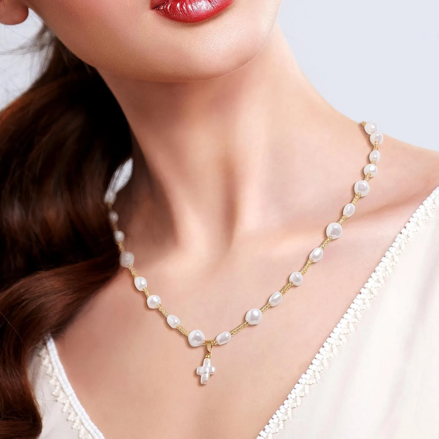 Pearl Cross Necklace for Women Nature Baroque Freshwater Real Pearl Chunky Gold Plated Big Pearl Pendant Necklace Choker Faith Christian Religious Gifts for Women Men Trendy Jewelry