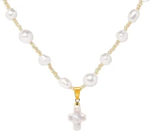 Pearl Cross Necklace for Women Nature Baroque Freshwater Real Pearl Chunky Gold Plated Big Pearl Pendant Necklace Choker Faith Christian Religious Gifts for Women Men Trendy Jewelry