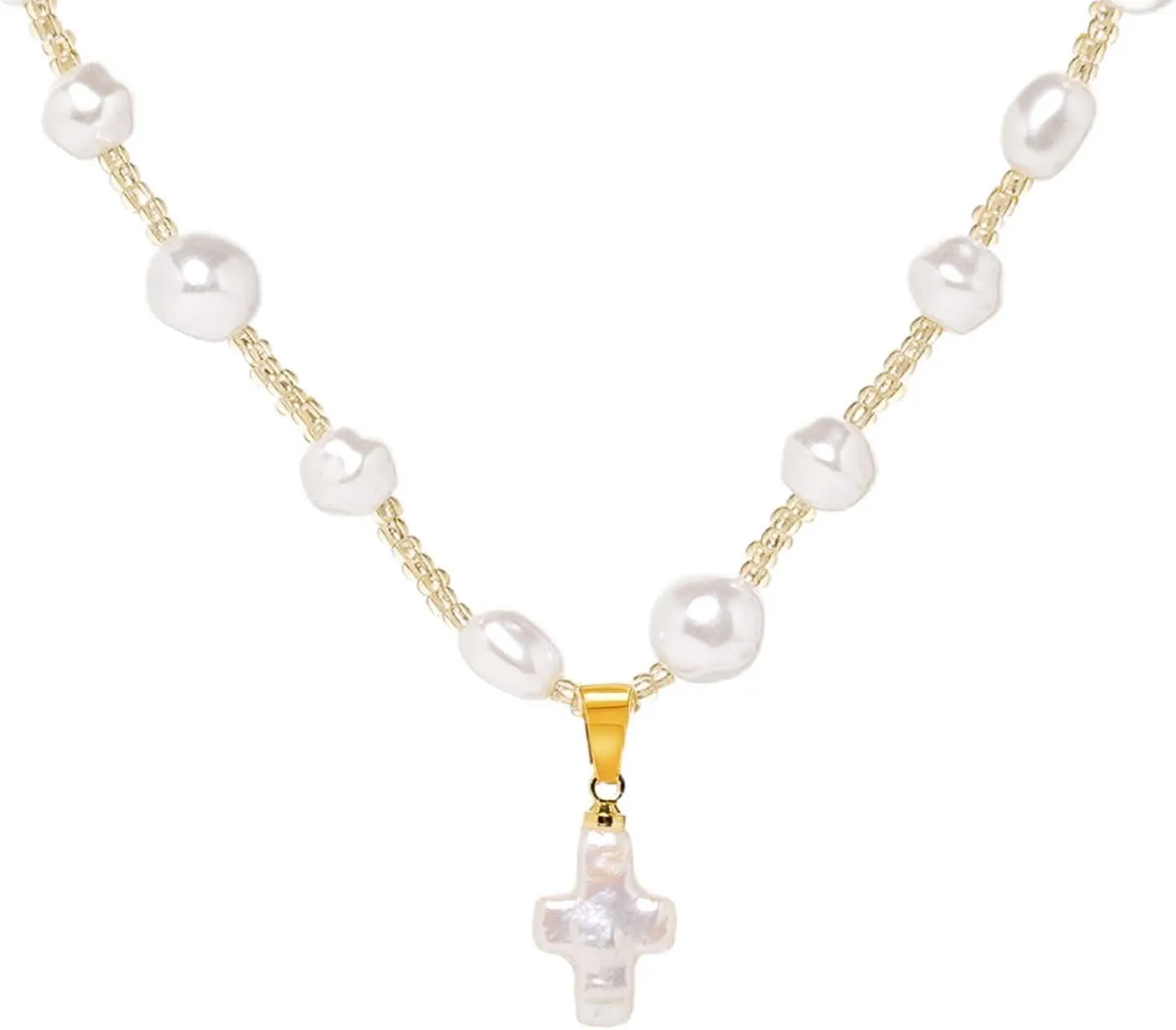 Pearl Cross Necklace for Women Nature Baroque Freshwater Real Pearl Chunky Gold Plated Big Pearl Pendant Necklace Choker Faith Christian Religious Gifts for Women Men Trendy Jewelry