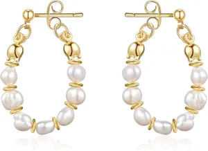 Pearl Hoop Earrings 925 Silver Handmade Baroque Cultured Pearls Dainty Circle Dangle Vintage Geometric Hypoallergenic 14K Gold Plated Jewelry for Women