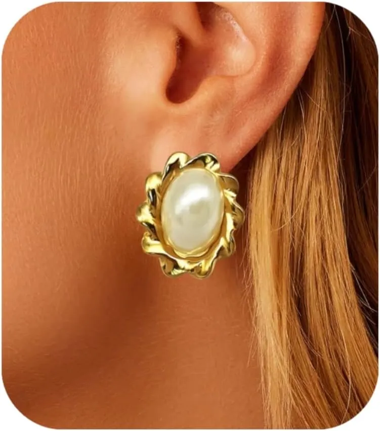 Pearl Hoop Earrings for Women, Trendy 18k Gold Plated Hoop Chunky Drop for Women Hypoallergenic Dangle Huggie Statement Jewelry Summer Gifts