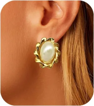 Pearl Hoop Earrings for Women, Trendy 18k Gold Plated Hoop Chunky Drop for Women Hypoallergenic Dangle Huggie Statement Jewelry Summer Gifts