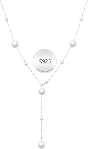 Pearl Lariat Necklace for Women  S925 Sterling Silve 14K Gold Plated Jewelry Adjustable Y-Shaped Long Pearl Necklace, Dainty Pearl Pendant  Suitable Anniversary, Birthday, Wedding, and Valentines Day Gift