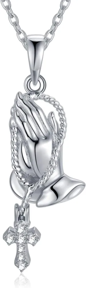 PEIMKO Praying Hands with Cross Pendant Necklace for Women Men, 925 Sterling Silver Religious Christian Jewelry