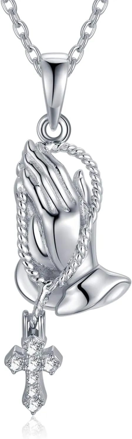 PEIMKO Praying Hands with Cross Pendant Necklace for Women Men, 925 Sterling Silver Religious Christian Jewelry