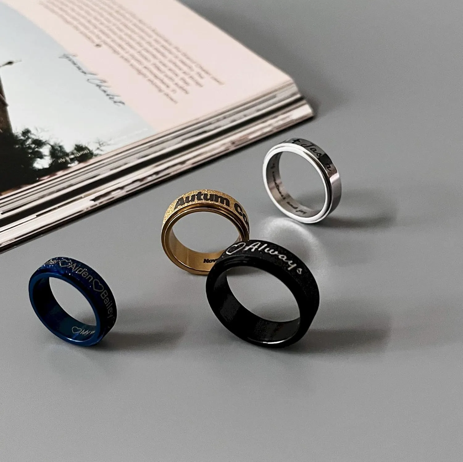 Personalized Stainless Steel Spinner Couple Rings Set - Sun, Moon, and Stars Design - Custom Matching Promise Rings for Couples - Ideal Fidget Rings for Anxiety,Wedding Bands - Him and Her (2pcs)