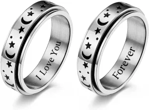 Personalized Stainless Steel Spinner Couple Rings Set - Sun, Moon, and Stars Design - Custom Matching Promise Rings for Couples - Ideal Fidget Rings for Anxiety,Wedding Bands - Him and Her (2pcs)