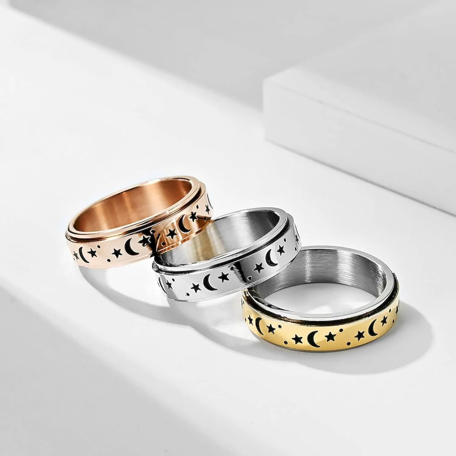 Personalized Stainless Steel Spinner Couple Rings Set - Sun, Moon, and Stars Design - Custom Matching Promise Rings for Couples - Ideal Fidget Rings for Anxiety,Wedding Bands - Him and Her (2pcs)