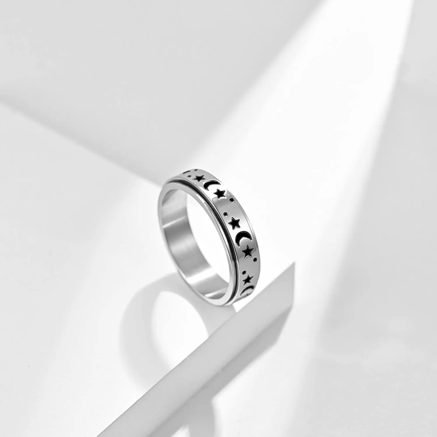 Personalized Stainless Steel Spinner Couple Rings Set - Sun, Moon, and Stars Design - Custom Matching Promise Rings for Couples - Ideal Fidget Rings for Anxiety,Wedding Bands - Him and Her (2pcs)