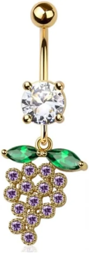 Pierced Owl 14GA 316L Stainless Steel CZ Crystal Grapes Dangling Belly Button Ring