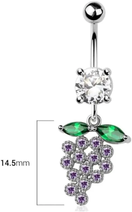 Pierced Owl 14GA 316L Stainless Steel CZ Crystal Grapes Dangling Belly Button Ring