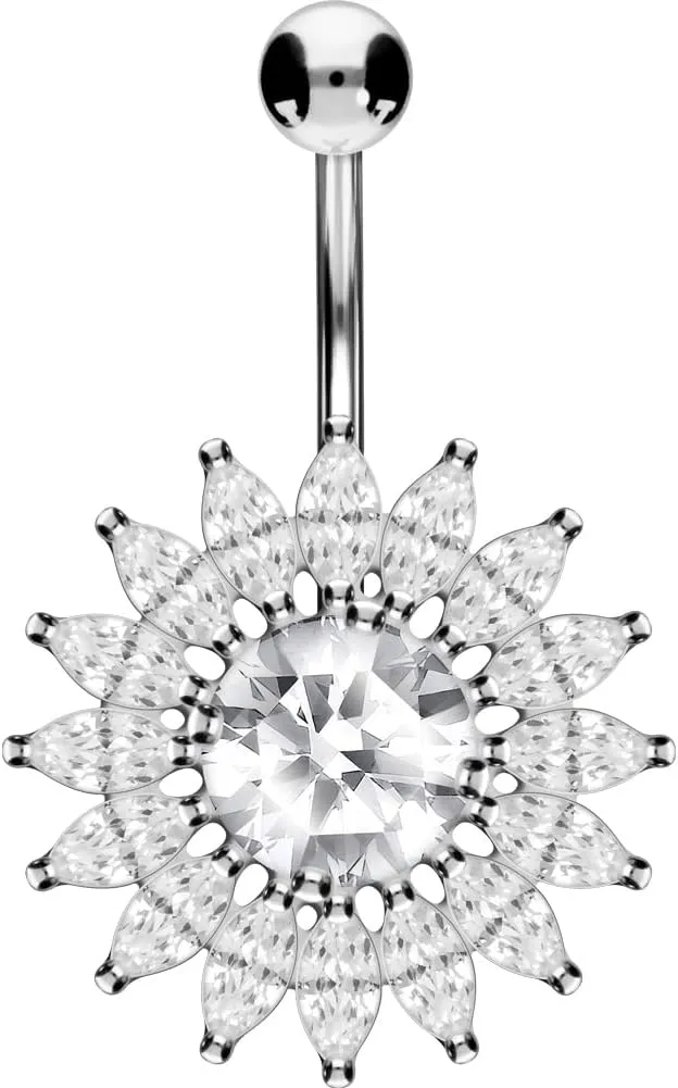 PIERCINGLINE Titanium Belly Button Piercing 925 Silver Design CRYSTAL SUN, safe
