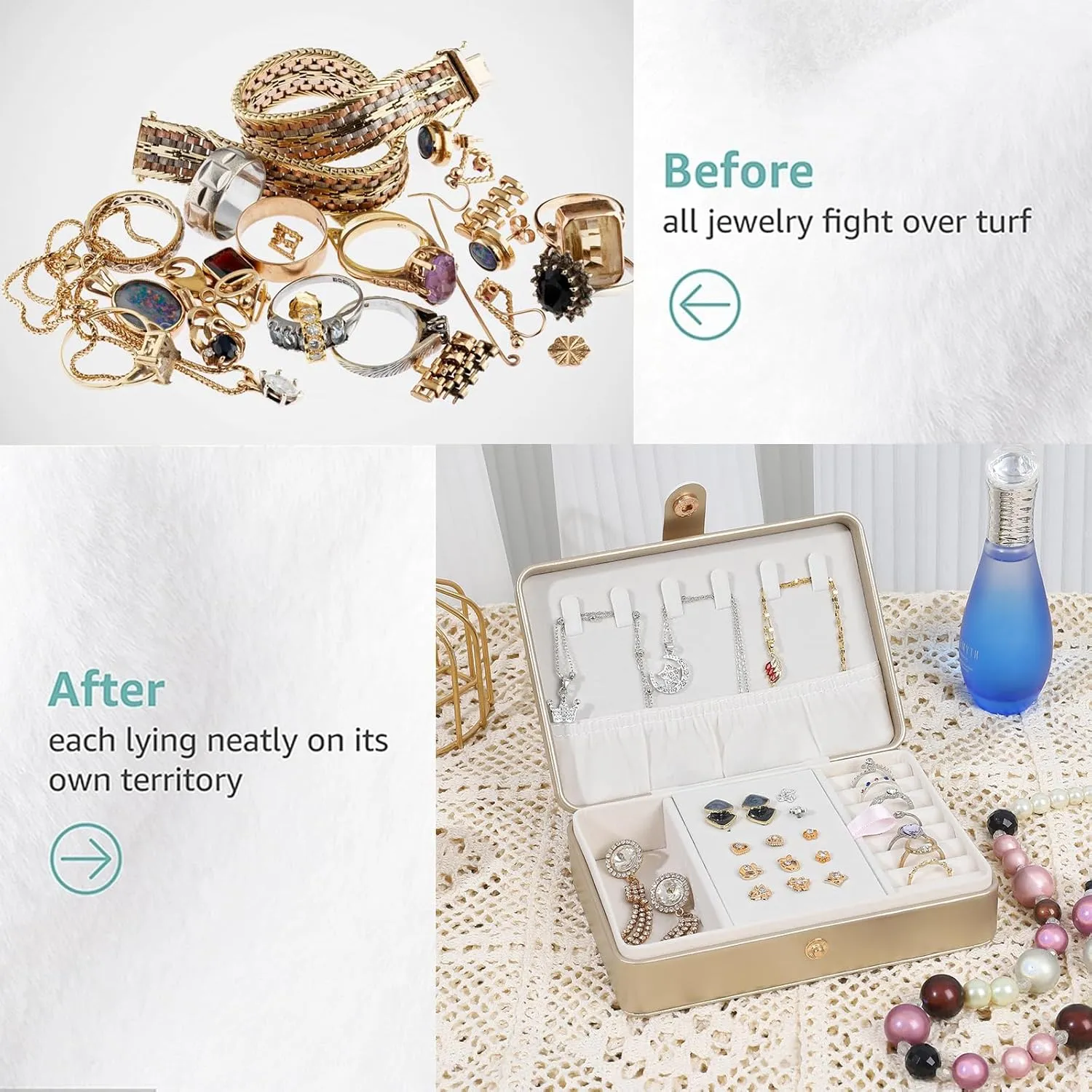 Portable Jewelry Box, 2 Layer Small Travel Jewelry Box for Women and Girls, Mini Leather Jewelry Organizer for Necklaces, Bracelet, Earrings and Rings Gift for Her (gold)