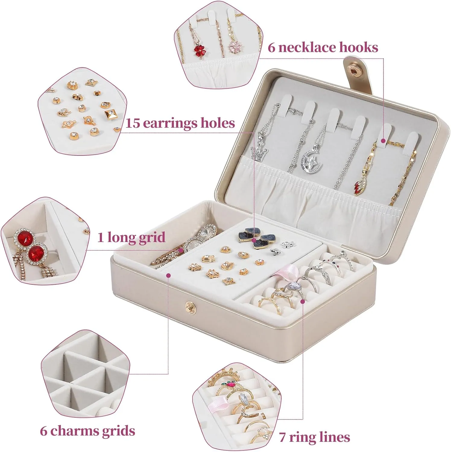 Portable Jewelry Box, 2 Layer Small Travel Jewelry Box for Women and Girls, Mini Leather Jewelry Organizer for Necklaces, Bracelet, Earrings and Rings Gift for Her (gold)