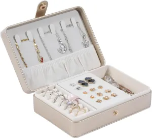 Portable Jewelry Box, 2 Layer Small Travel Jewelry Box for Women and Girls, Mini Leather Jewelry Organizer for Necklaces, Bracelet, Earrings and Rings Gift for Her (gold)