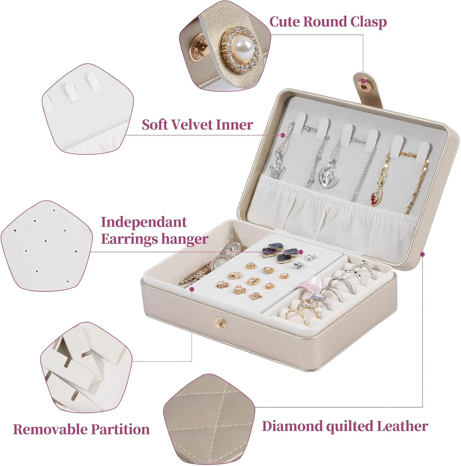 Portable Jewelry Box, 2 Layer Small Travel Jewelry Box for Women and Girls, Mini Leather Jewelry Organizer for Necklaces, Bracelet, Earrings and Rings Gift for Her (gold)