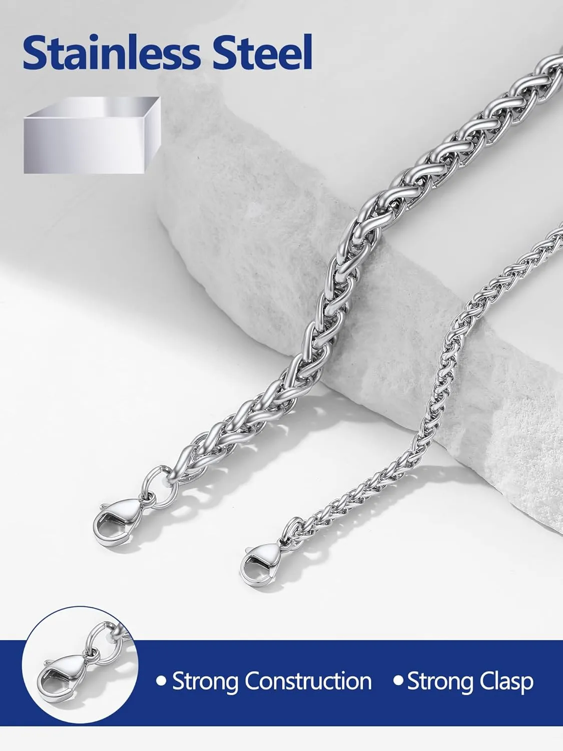 PROSTEEL Stainless Steel Chain Necklace for Men Women, Wheat Chain/Rope Chain, Black/Silver/Gold Tone, W:3mm/6mm, L: 18/20/22/24/26/28/30 inch, Come with Box