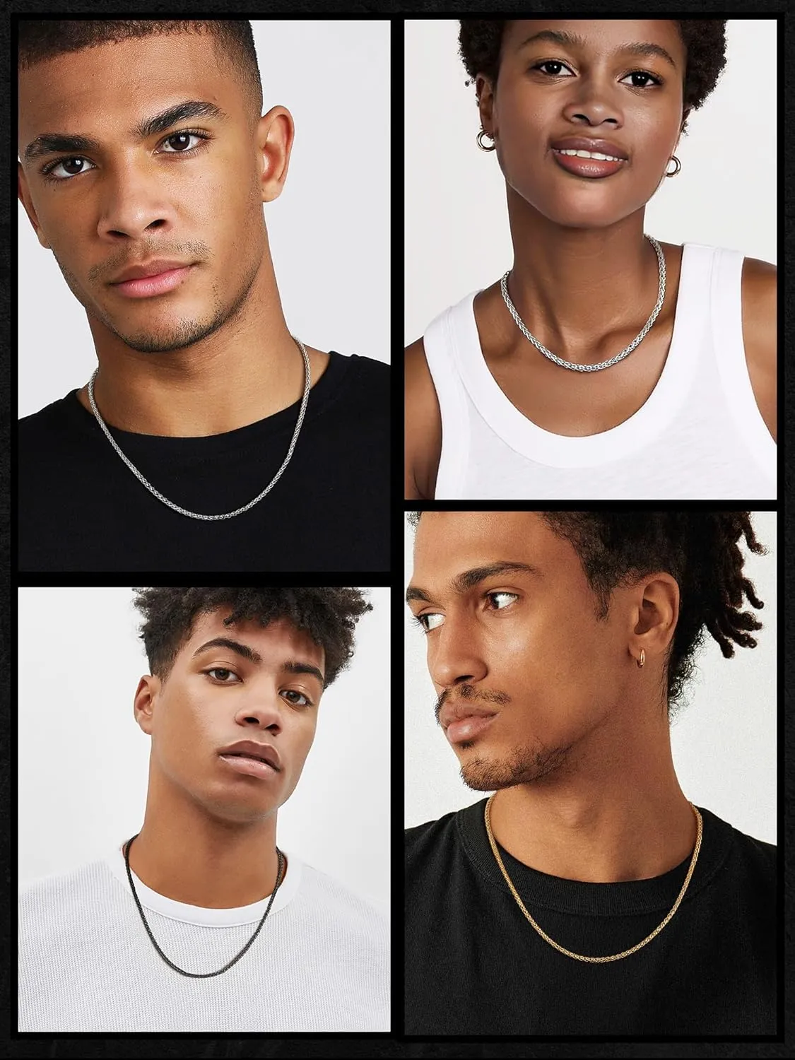 PROSTEEL Stainless Steel Chain Necklace for Men Women, Wheat Chain/Rope Chain, Black/Silver/Gold Tone, W:3mm/6mm, L: 18/20/22/24/26/28/30 inch, Come with Box