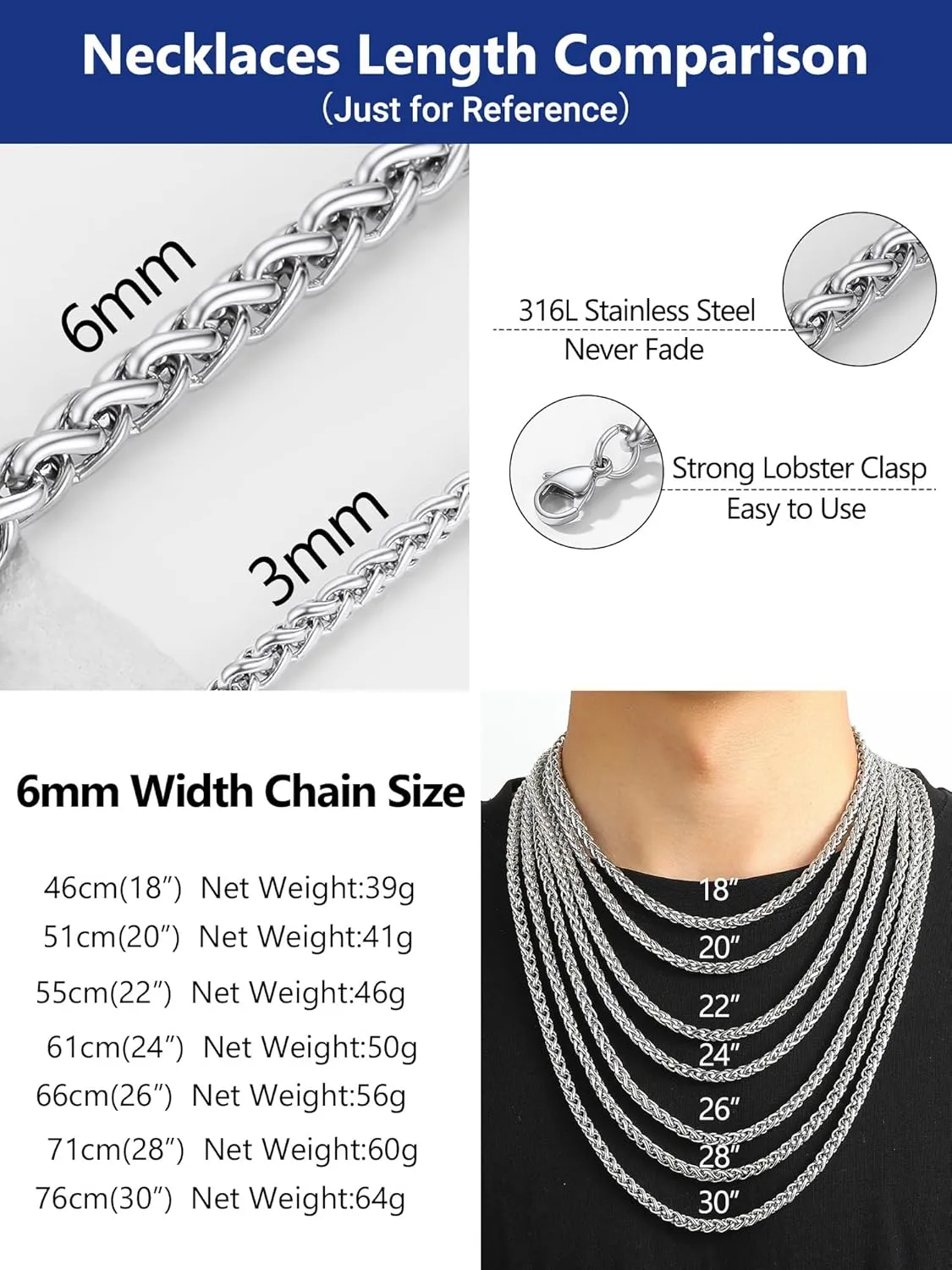 PROSTEEL Stainless Steel Chain Necklace for Men Women, Wheat Chain/Rope Chain, Black/Silver/Gold Tone, W:3mm/6mm, L: 18/20/22/24/26/28/30 inch, Come with Box