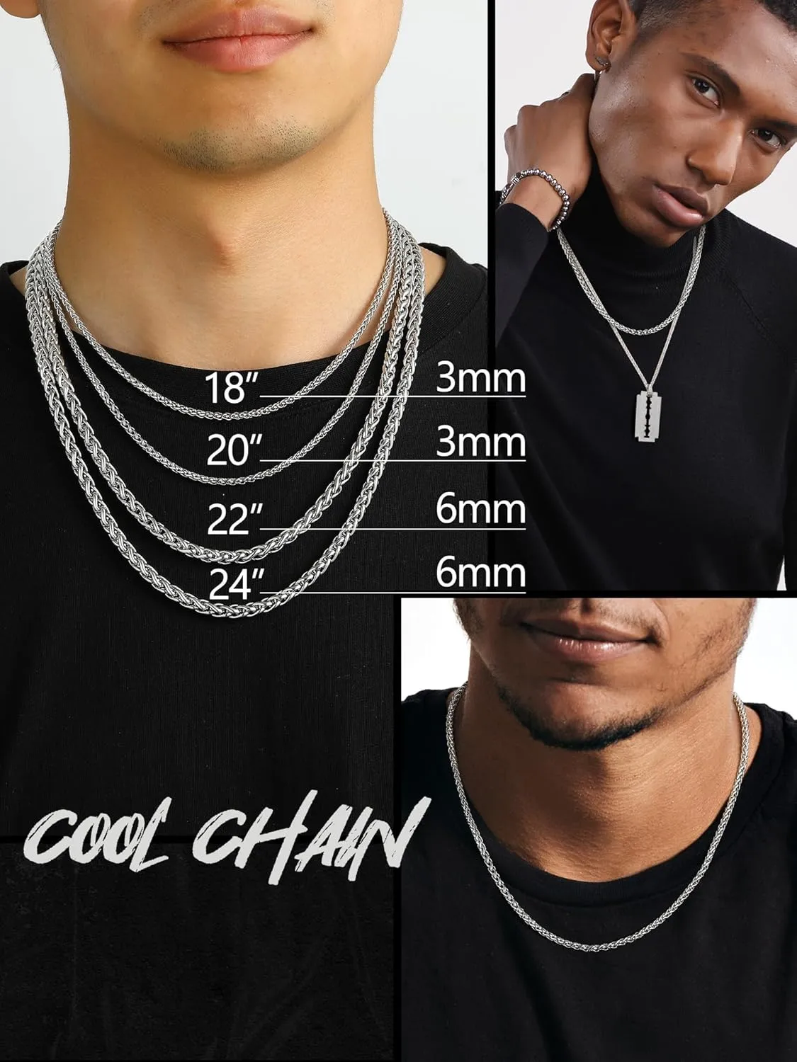 PROSTEEL Stainless Steel Chain Necklace for Men Women, Wheat Chain/Rope Chain, Black/Silver/Gold Tone, W:3mm/6mm, L: 18/20/22/24/26/28/30 inch, Come with Box