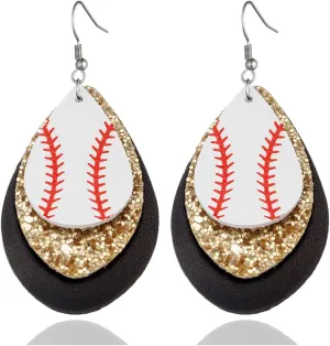 Punk Rock 2PCS Alloy Hook Earrings Drop Dangle Baseball Pattern Multi-layer Leather Earrings