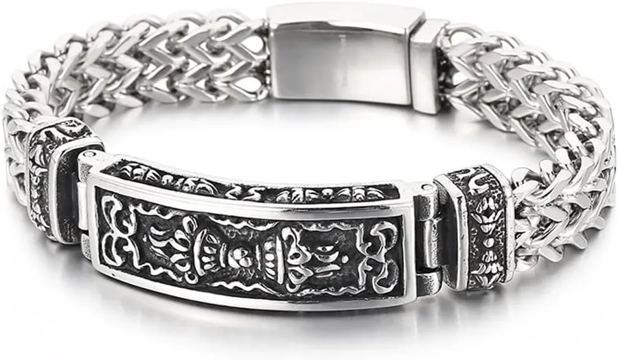 Qiaonitu 12mm Heavy Vintage Symbols Woven Homme Bracelet Punk Stainless Steel Men's Mesh Chain Bracelets Bangle Jewelry Silver Polished